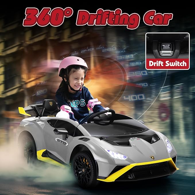 TOBBI Kids Ride on 24V Licensed Lamborghini STO Electric Car for Kids 3-6 Battery Powered Ride on Toys Lambo Sports Car with Remote Control Motorized Drift Vehicle High Speed 10km/h, Gray