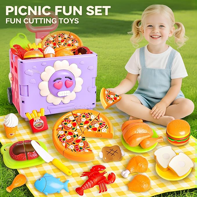 45PCS 3-in-1 Toddler Girl Foldable Shopping Cart Trolley Play Set W/Pretend Play Food for Kids Kitchen ,Cutting Fake Food W/Pizza ,Hamburger ,Play Kitchen Accessories,Gifts for Boys and Girls Ages 3+