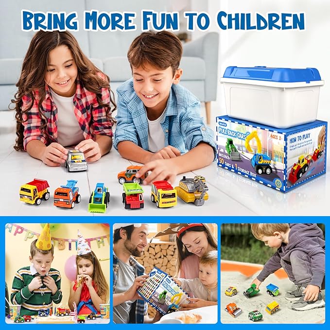 50 Pcs Toy Cars with Large Plastic Organizer, Pull Back Cars for Kids Ages 3-5, Birthday and Party Decorations, Birthday Presents for 3 + Year Old Girls and Boys