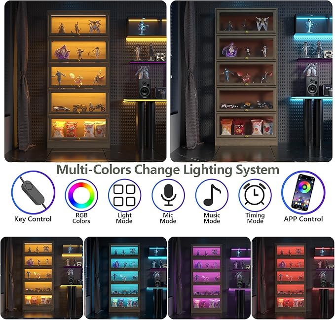 Display Cabinet with Acrylic Glass Doors,5-Tiers Curio Cabinet with LED Lighting for Collectibles, Collectibles Toy Organizers Rack & Display Shelf Display Case Storage Cabinet, Nature
