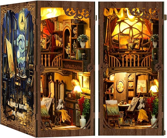 Book Nook Kit - DIY Miniature Dolls House Kit with Furniture and LED Light, 3D Puzzle Wooden Art Bookends, Model Kits for for Adults and Teens (The World in The Picture Frame)