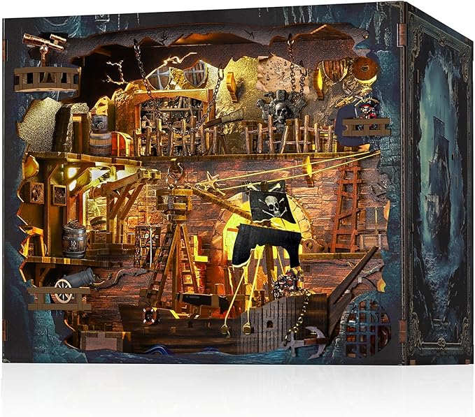 Pirate Book Nook Kit - DIY Miniature House Kit for Adults, Teens, Dollhouse Booknook Bookshelf Insert Decor with LED Light, 3D Wooden Puzzle Gifts for Family, Friends