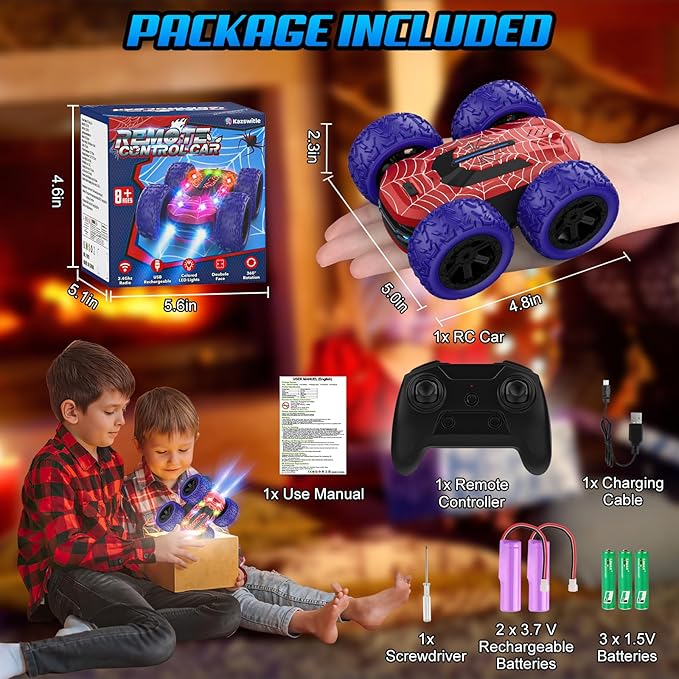 Kazswitle Remote Control Car for Boys, RC Cars for Kids with Colored LED Lights, 2.4Ghz Double Sided 360° Flips 4WD Stunt Car, Rechargeable Toy Cars for Boys Girls Ages 4-6 5-7 6-8 8-12 Birthday Gift