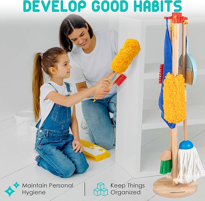 HELLOWOOD Kids Cleaning Set, 8 Pcs Wooden Housekeeping Play Set Includes Broom Mop Duster Dustpan Brushes Rag and Organizing Stand, Cleaning Toys Gift for Toddlers Girls Boys Age 3-6, Solid Beech Wood