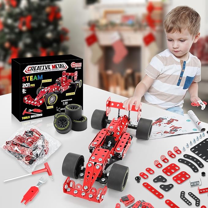 BESTYMXY Building Kit Car Model, 1:20 Scale Race Car Metal Model STEM Project Building, Assembly Toy Set STEM Projects Toys for Boys 8-12, Red Vehicle DIY Assembly Metal Model