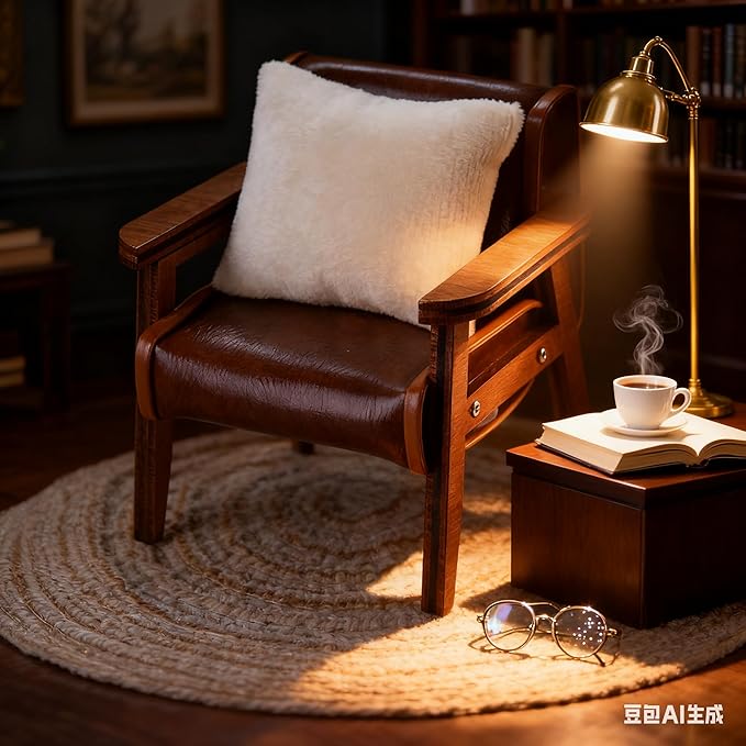 1:12 Dollhouse Couch Furniture Set, 3pcs Dollhouse Living Room Set，Wooden and Leather Armchair ，White Pillow and Beige Round Blanket, Accessories Furniture for Living Room, Bedroom