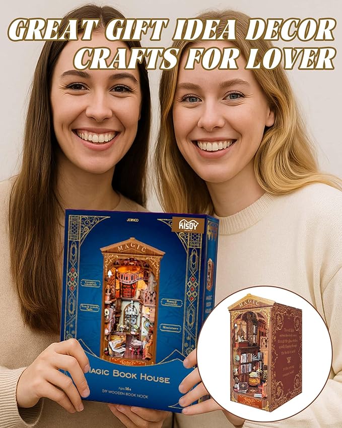 Kisoy Book Nook Kit, 3D Wooden Puzzle Booknook Build Bookshelf Decor, DIY Miniature House Kit for Adults and Teens, Mini House Arts & Craft Gifts for Family and Friends (Magic Book House)