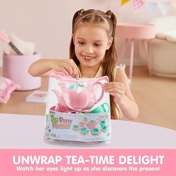 JOYIN 18PCS Pretend Tea Party Set, Plastic Tea Set, Mini Kitchen for Kids, Gifts for Toddler Boys Girls Ages 3 4 5 6 Years Old
