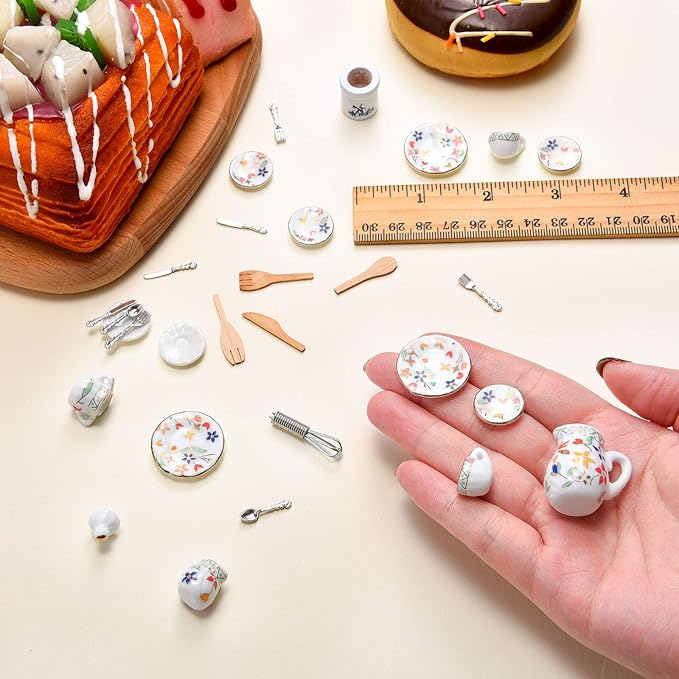 Skylety 37 Pieces 1:12 Scale Miniatures Dollhouse Kitchen Accessories Include 16 Plates Knife Fork Spoon, 6 Egg Beater Utensil, 15 Tea Cup Set(Flora Bloom)