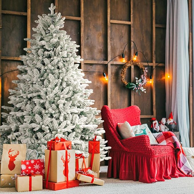 Incbruce 7ft Artificial Christmas Tree, Xmas Tree with 1,000 Branch Tips, Flocked Christmas Tree with Metal Stable Stand Base for Indoor and Outdoor Holiday Decoration(White)