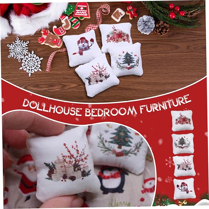 4Pcs Dollhouse Christmas Pillows, Miniature Sofa Pillow, Dollhouse Accessories, with Xmas Pattern, for Christmas Doll House Living Room Decor, 1.6x1.6 Furniture Bedroom Furniture