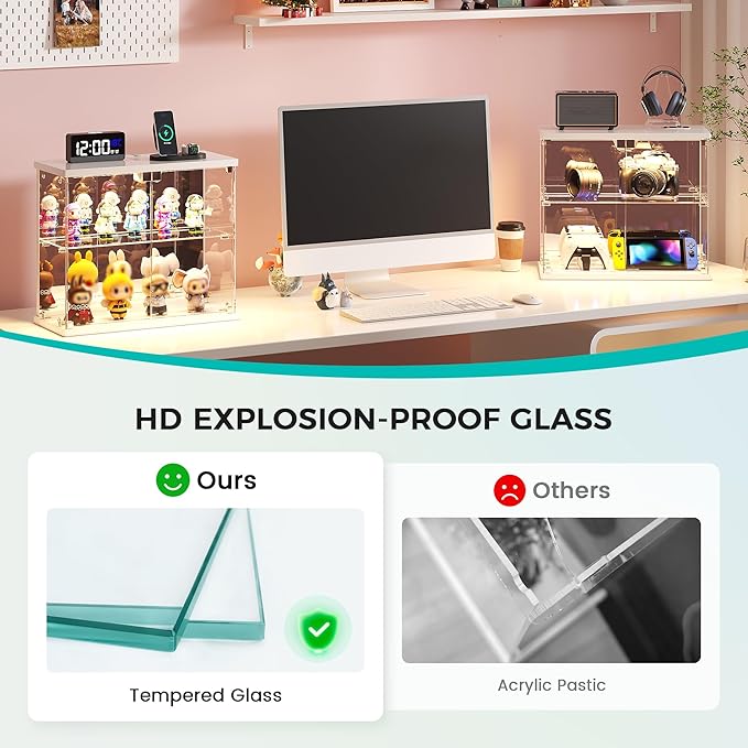 2pcs LED Clear Glass Display Case - for Figures & Collectibles, Small 2-Tier Display Cabinet with Charging Station, Display Box with Lights & Human Sensor, for Model Car, Perfume, White
