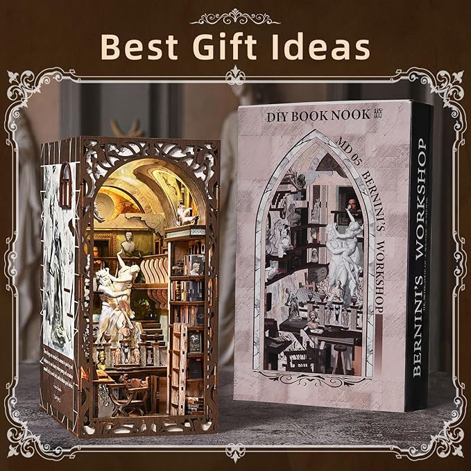 Book Nook Kit, DIY Doll House Booknook, Miniature Kit for Bookshelf Doll Houses for Adults Teen Halloween, 3D Wooden Puzzle Bookends with Led Light and Dust Cover (Bernini's Workshop)