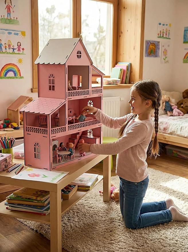 Wooden Doll House with Led Lights Set and Furniture Accessories, Large Size Pink Wooden Dream House, Dollhouse