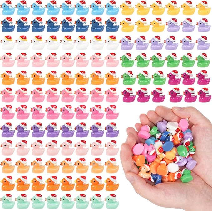 160 PCS Mini Resin Ducks Wearing Santa Hats, 16 Color Tiny Christmas Duck Figures for Dollhouse, Fairy Garden Ornaments, Xmas Goodie Bag Fillers Party Favors Supplies, Classroom Prizes
