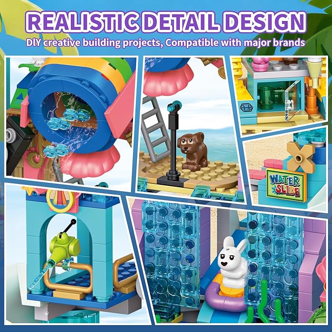 1150Pcs Friends Water Park Building Set, STEM Summer Fun Party Toy with Swimming Pool Slides,Water Canons,Diving Platform,Animal, Pretend Play Kit for kids, Birthday Gifts for Girls Ages 6-12+