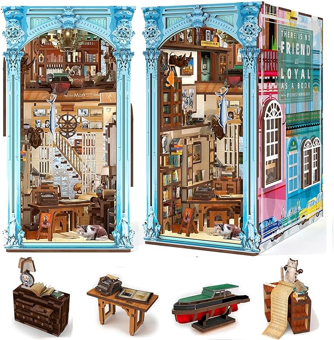 MiniCity Book Nook Kit, DIY Miniature Dollhouse Booknook Kit, 3D Wooden Puzzle Bookend Bookshelf Insert Decor with LED Light for Teens and Adults(Hemingway House)