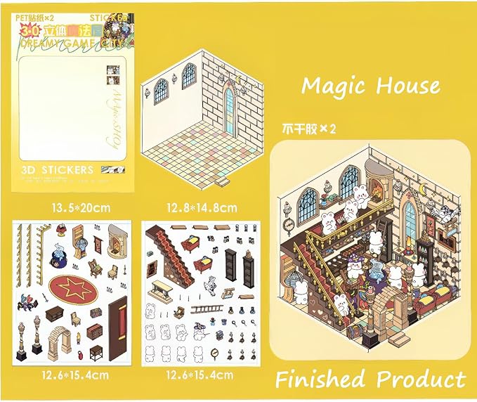DIY 3D House Stickers for Teens & Adults - 4 Sets Isometric Miniature Room Sticker Book, Cute Cartoon Animal Stickers, Creative Craft for Stress Relief, Home Decoration, and Fun Activity