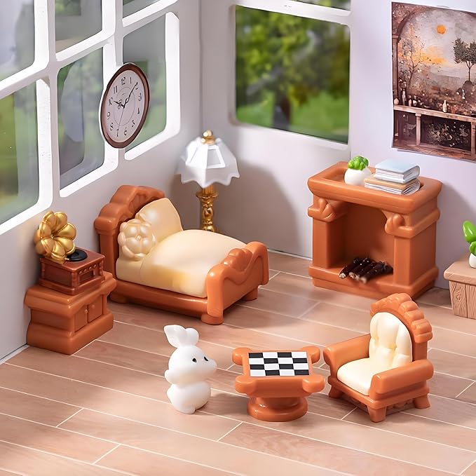 5-Piece Brown Dollhouse Furniture Kit – DIY Decoration Accessories Set, Living Room, Bedroom Furniture (Bed, Sofa, Record Player, Fireplace, Nightstand), Perfect for Fairy Garden & Bedroom Decor