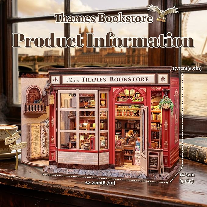 Fsolis Book Nook Kit - DIY Miniature Kit for Adults Tiny House Magic Bookstore Bookshelf 3D Puzzles Craft Gifts for Women Teens Book Lovers (Thames Bookstore)