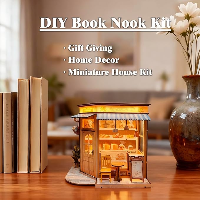 DIY Miniature House - LED Lighting Book Nook Kit Dollhouse Kit for Adults and Teens, Book Nook Tiny House Bookshelf 3D Wooden Puzzle, Gifts for Family Friends (Bakery)