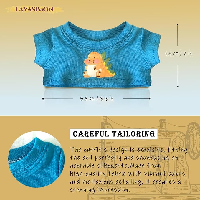 Clothes for 6.7in/17cm Dolls (Without Dolls) Sets and Accessories,4PCS (Over-Ear + Denim Overalls + T-Shirt + Shoes), Collectors and As Gifts. (Dinosaur Overalls)
