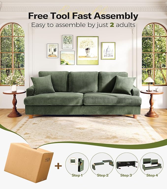 87in Corduroy Couch, Kidirect Sofa No Tool Assembly, Comfy Couches for Living Room 21in Deeper Seats, Corduroy Sofas for Living Room with 2 Pillows, Oversized Loveseat Sofa, Boho Love Seat Olive Couch
