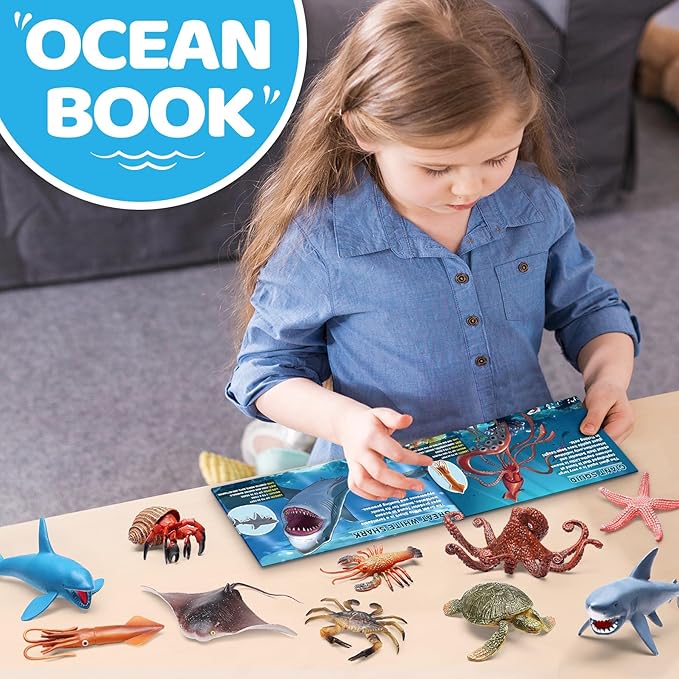 12 Pack Ocean Animal Toys with Educational Booklet for Kids, Realistic Soft Plastic Creatures Model Figures for Toddler Boys Girls, Under the Sea Party Favor, Birthday Gifts Water Table Toy