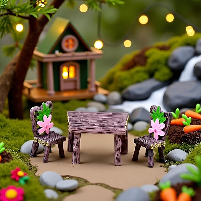 1Set Miniature Furniture Set, Mini Table and Chairs, Wooden Garden Decor for Tiny Houses, Micro Landscape Dollhouse Accessories