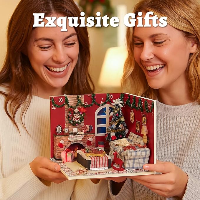 Flever Dollhouse Miniature DIY House Kit Creative Room with Furniture and Glass Cover for Romantic Artwork Gift(Christmas Eve)