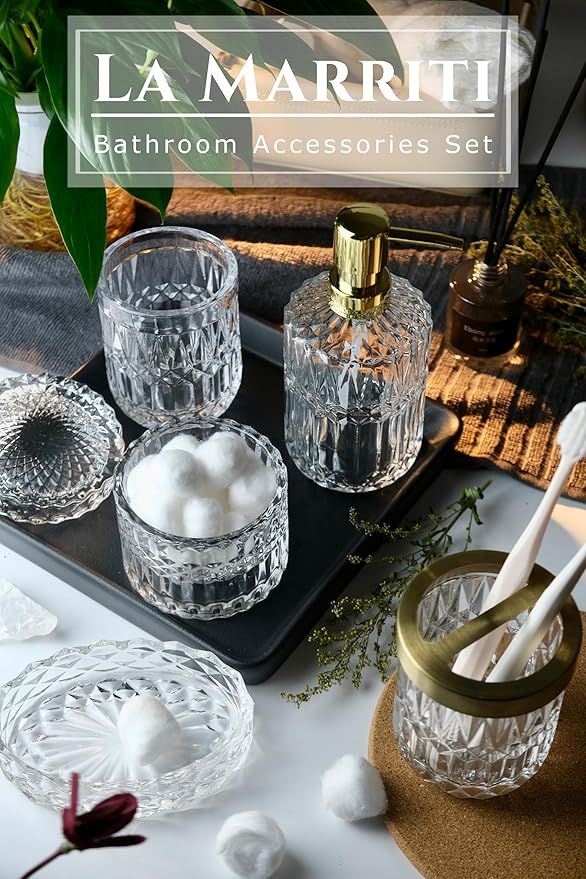 LaMarriti Glass Bathroom Accessories Set, 5pcs Crystal Clear Bathroom Set Accessories, Soap Dispenser, Toothbrush Holder Set, Soap Dish, Tumbler, Qtips Holder for Vintage Bathroom Decor, Gift Set