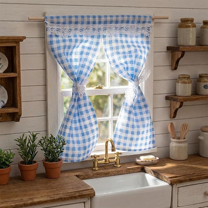 TOYANDONA 4Pcs Miniature Curtains for Dollhouses Drapes for DIY Decor Kitchen Bathroom and Bedroom Realistic Patterns Easy to Install Dollhouse Accessories