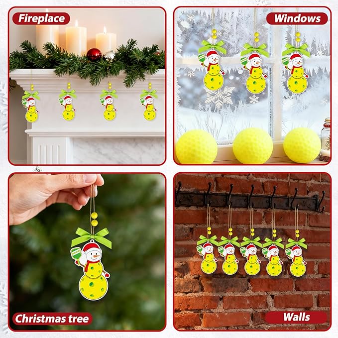 4.3 Inches Snowman Pickleball Christmas Ornament,Wooden Pickleball Snowman Tree Ornament Hanging Decoration for Rearview Mirror, Window, Eaves, Fireplace and Home Holiday Party Decor