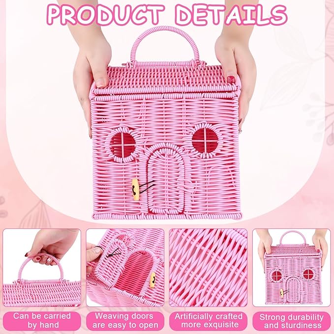 Handmade Rattan Doll House Rattan House Shape Shoulder Bag Wicker Basket with Lid Mouse in a Box Storage BasketDecorative Hand Woven Shelf Organizer Woven Handcrafted Artwork Gift (Pink)