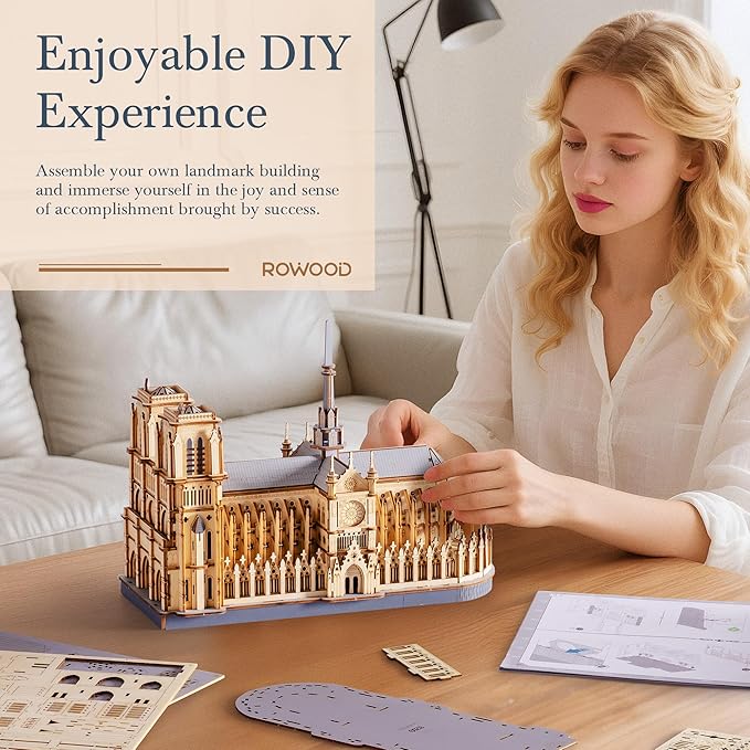 Rowood 3D Puzzles for Adults,Wooden Architecture DIY Model Kit Building Set for Adults, Notre-Dame de Paris Cathedral and Castle Collection,Birthday for Women Friends
