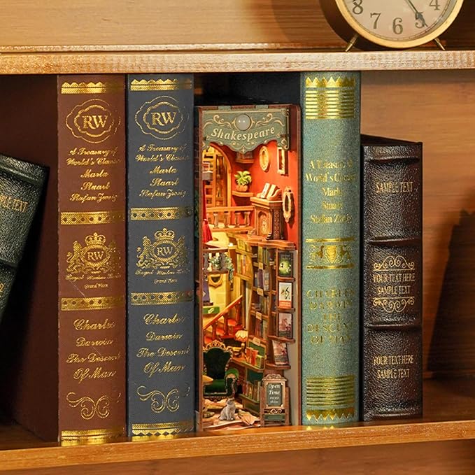 Tonecheer DIY Book Nook Kit for Adults, 3D Wooden Puzzle Bookend Bookshelf Insert Library Bookstore Model Decor, Booknook Miniature Dollhouse with Sensor LED Light for Gifts (Left Bank Bookstore)