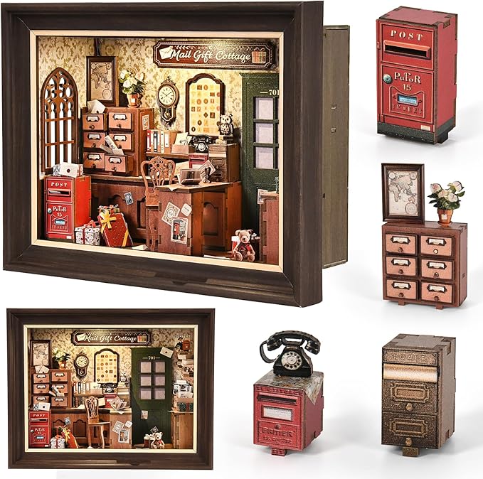 Book Nook Kit-3D Wooden Puzzle with LED Switch Control & Wall-Mountable Frame,DIY Miniature House for Beginners,Bookshelf/Tabletop/Wall Decor for Craft Lovers,Dollhouse Gift,Mail Gift Cottage