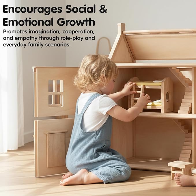 PlanToys® Wooden Children’s Room Classic Set for Montessori Small World Play | Creative Role Play and Social Interaction | Eco Friendly Wooden Dollhouse Bedroom Furniture for Imaginative Play