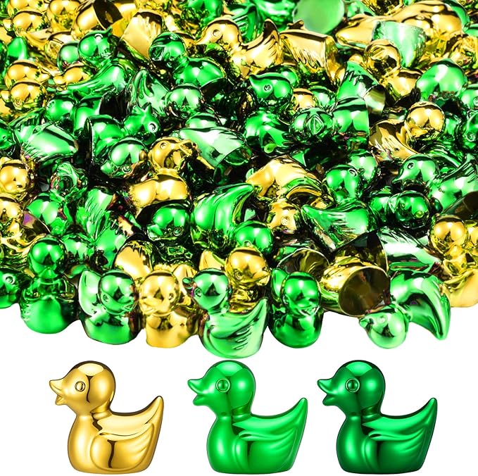 100 Pcs Shiny St. Patrick's Day Mini Duck Figures Colorful Irish Festival Duck Decor Micro Landscape Aquarium Garden Hide and Seek Decoration Charm for Party Gift(Green Gold)
