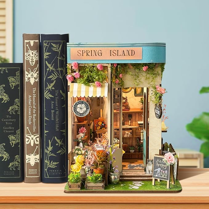 DIY Book Nook Kit, Miniature Bookshelf Decor with LED Lights, Laser-Cut Wooden Craft Set for Adults, Creative Gift for Christmas, Birthday, Spring Island