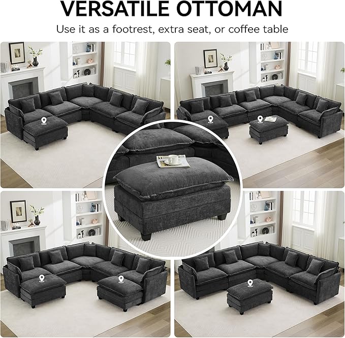 35‘’ Modern Chenille Cloud Sofa Ottoman,Rectangle Ottoman for Modular Sectional Sofa, Dark Grey