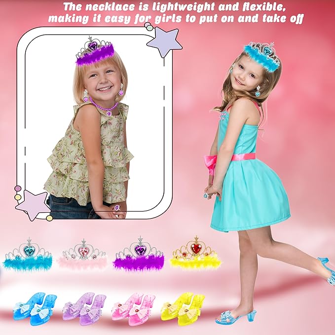 8 Pcs Princess Dress Up Set Includ 4 Pairs Heels Shoes 4 Crown for Little Girls Princess Role Play Toddler Pretend Birthday Gifts Princess Party Favor