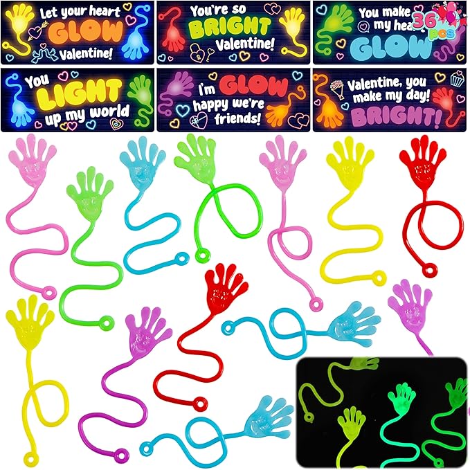 JOYIN 36 Packs Valentine Day Glow Sticky Hands with Card Headers for Kids Party Favor, Classroom Exchange Prizes, Valentine’s Day Greeting Cards, Party Favors and Exchange Gifts
