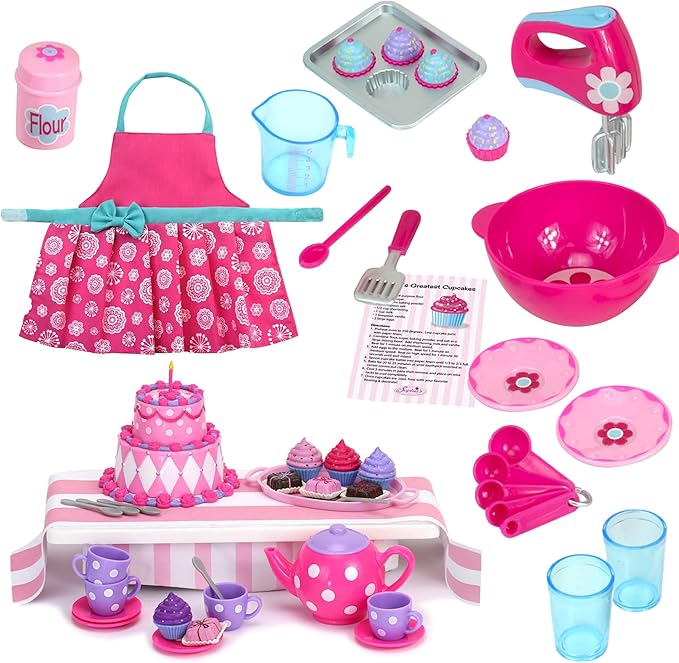 Sophia's Complete Cake & Tea Party Accessories Set with Teapot, Teacups, Utensils, Pretend Dessert and Drinks for 18" Dolls, Pink/Purple