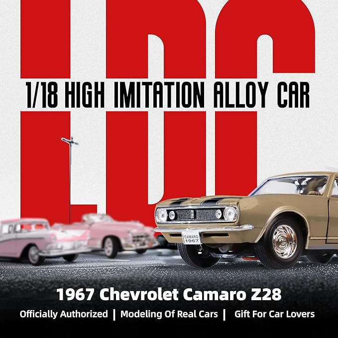 1967 Chevy Camaro Z28 1:18 Scale Diecast Model Premium Alloy Sports Toy Cars with Display Case, Working Steering, for Kids Men and Teens Dad 14+ Year