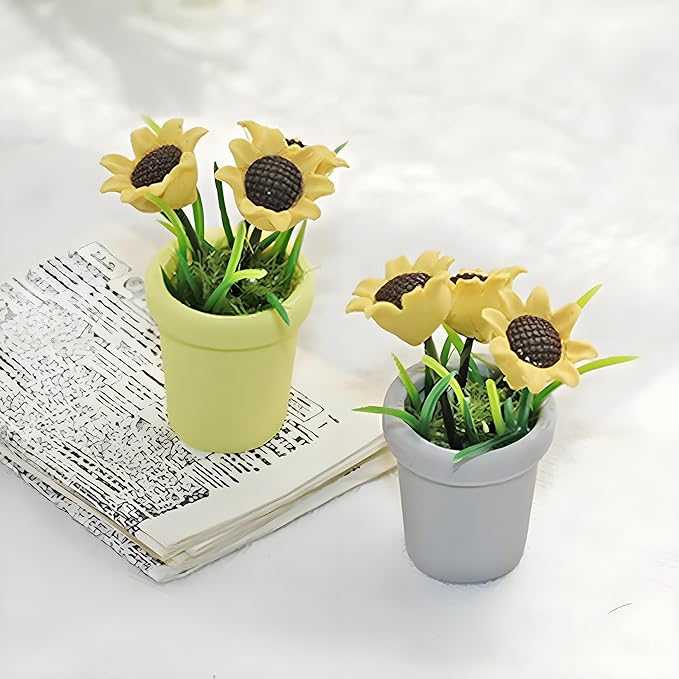 Miniature Sunflower Pots, 1/12 Scale, Dollhouse Accessories Resin Home Decor, Realistic Clay Flower Plants in Pots Blooming House Plant Home Indoor Decoration