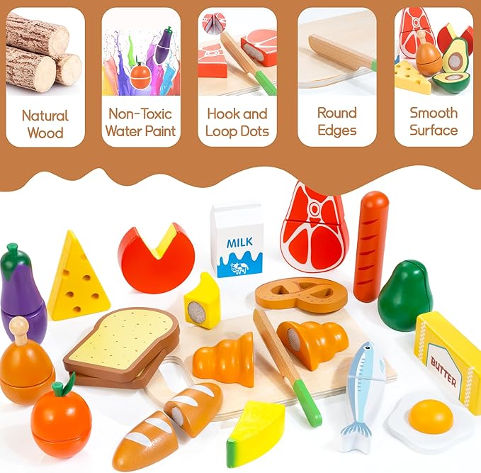 WOODMAM Wooden Play Food Set for Toddlers - Montessori Pretend Play Kitchen Toys with Color Sorting Food Groups & Cutting Fruits Vegetables for Boys & Girls Ages 3 4 5 6