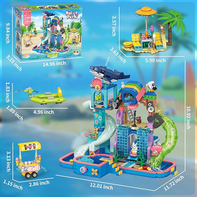 1150Pcs Friends Water Park Building Set, STEM Summer Fun Party Toy with Swimming Pool Slides,Water Canons,Diving Platform,Animal, Pretend Play Kit for kids, Birthday Gifts for Girls Ages 6-12+