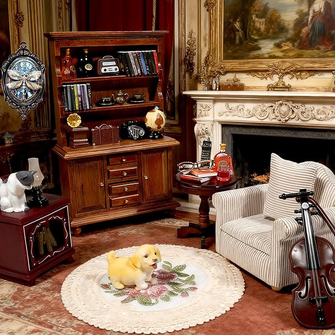 Miniature House Furniture Set Classic Mini Furniture Sofa Set with Pillows Mini Couch Carpet Wooden Furnitures Bookshelf Desk Chair Living Room Scene Decor
