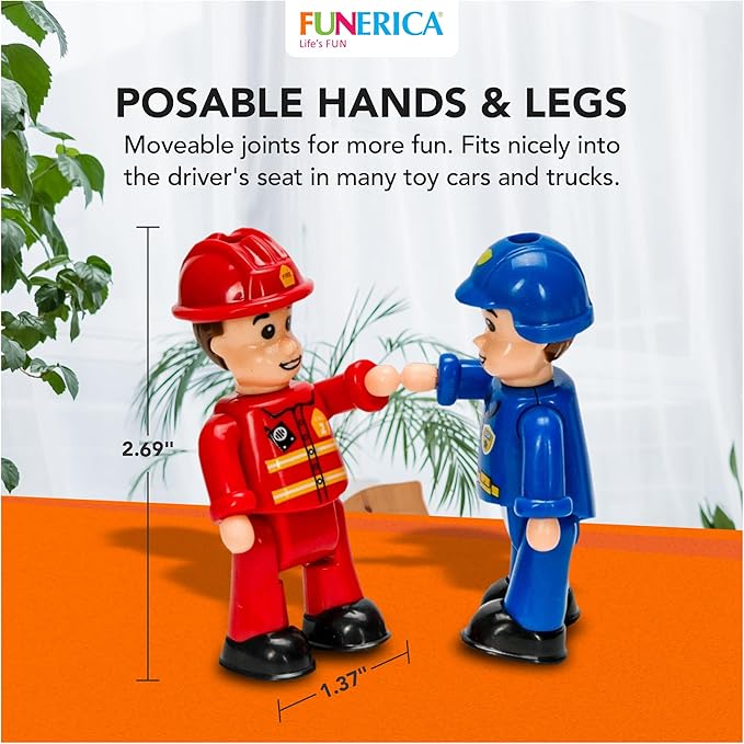 FUNERICA Toy Figures & Playsets - Firefighter, Police, Sanitation, Construction Worker - Play People Figures for Toddlers & Kids - Little People Toy Figurines - Mini People Community Helpers (4-Pack)